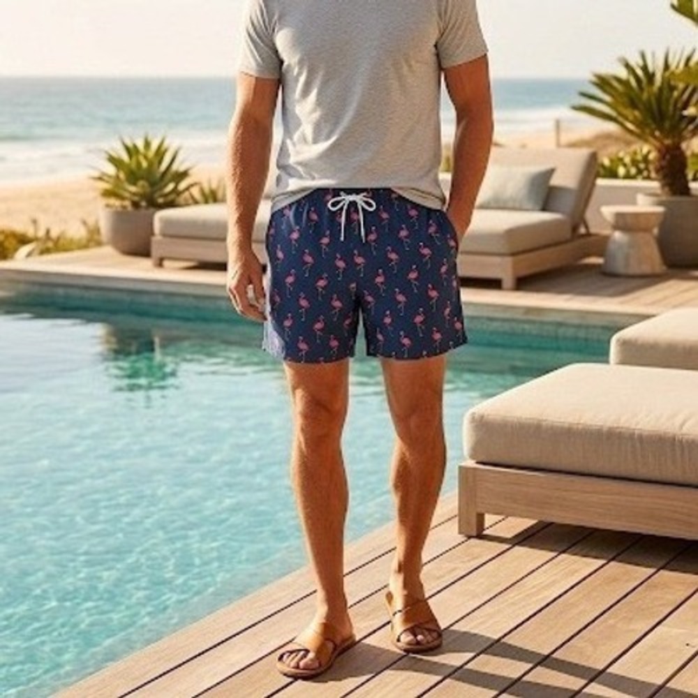 Bonobos Swim Trunks Mens XL Navy Blue Flamingo Print 7" Inseam Riviera Shorts$89